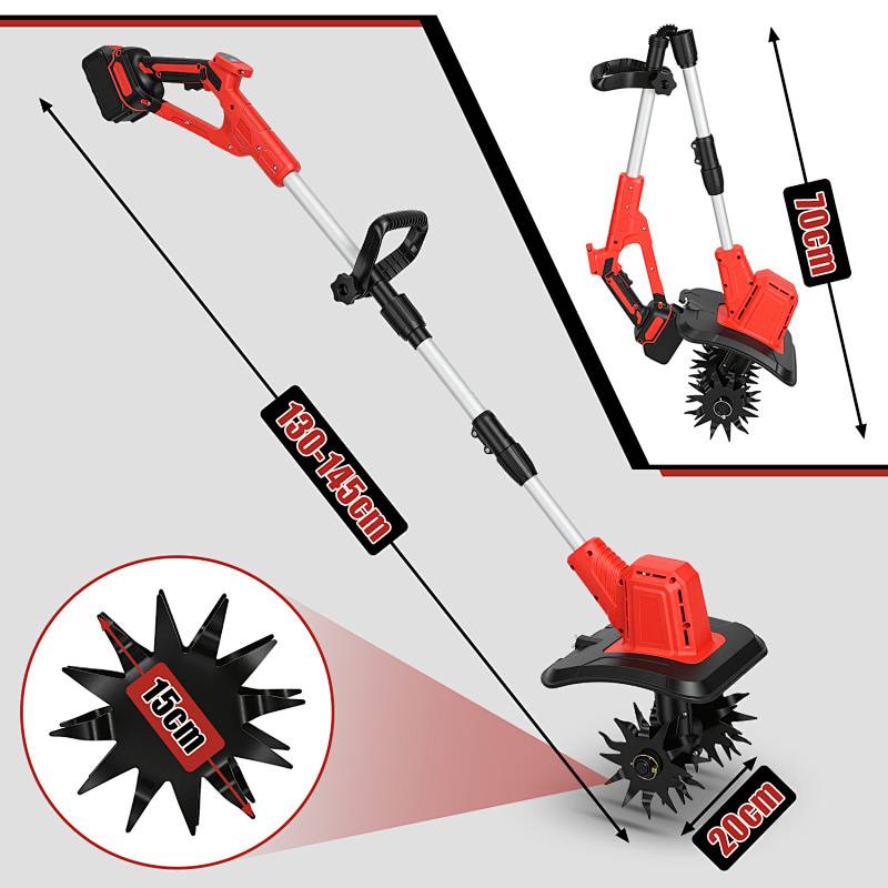 Tragbarer kabelloser Gartenfräser mit verstellbarem Griff. Mit dualen rotierenden Messern (15 cm Durchmesser), Längenbereiche 130-145 cm und Gesamtgröße 70 cm mal 20 cm.