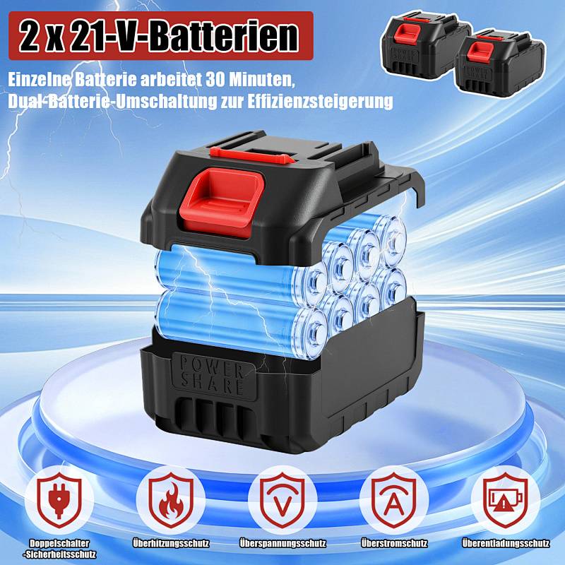 Zwei übereinander gestapelte schwarze und rote wiederaufladbare Batterien, beschriftet mit „2 x 21-V-Batterien