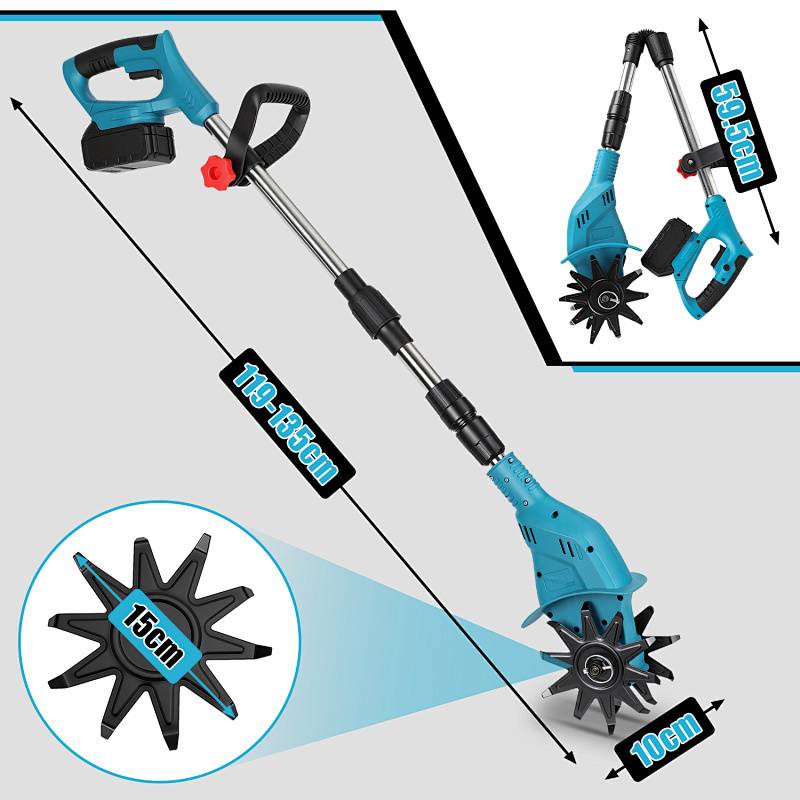 Blauer Elektrokultivator mit verstellbarer Länge von 109-130cm, ausgestattet mit 15cm Rädern zum Gärtnern. Abmessungen: 109/59,5cm und 10cm.