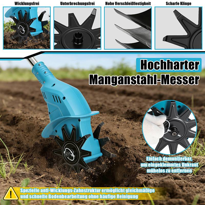 Blaues Gartenwerkzeug mit selbstentwirrenden Klingen, das durch Erde schneidet. Deutscher Text betont hochfesten Manganstahl zum Jäten.