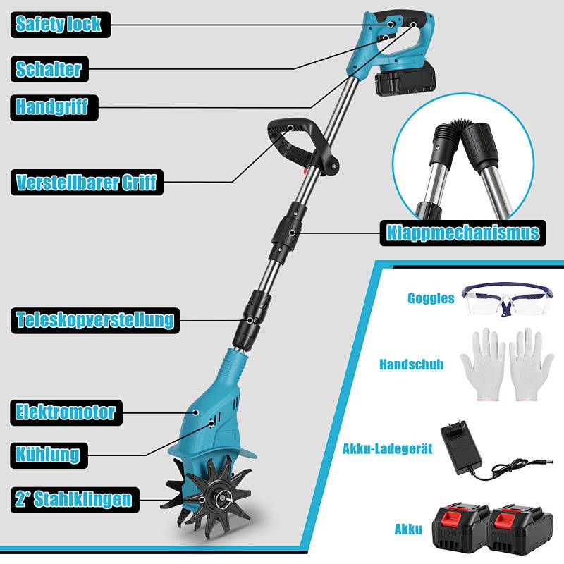 Bodenfräse mit beschrifteten Teilen: 'Sicherheitsverriegelung', 'Griff', 'Verstellbarer Griff', 'Klappemechanismus', 'Teleskopverstellung', 'Elektromotor', 'Kühlung', 'Klingen'. Beinhaltet Schutzbrille, Handschuhe, Ladegerät und Akku.