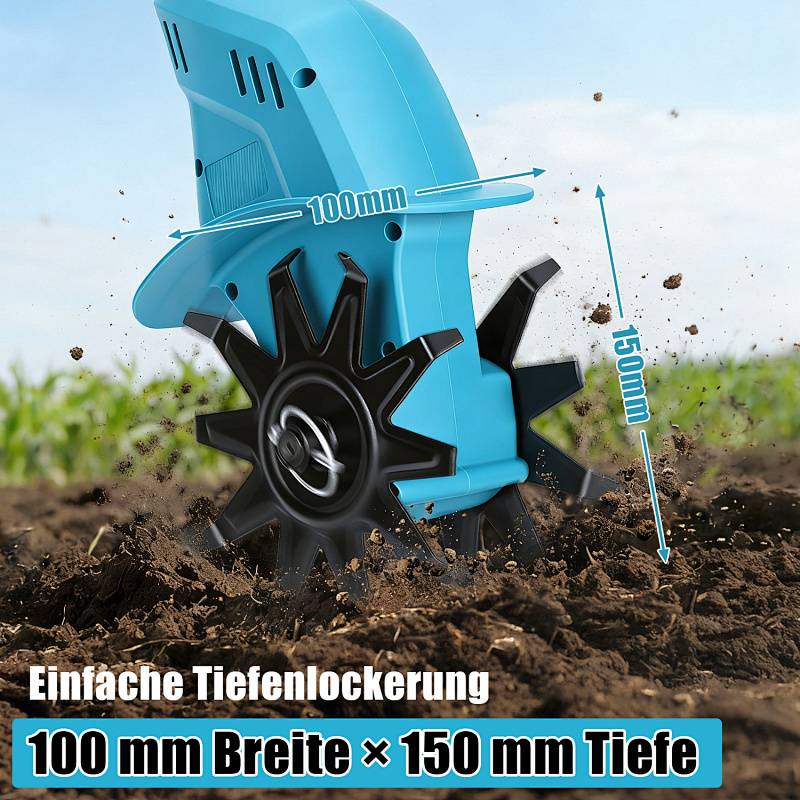 Ein blauer Kultivatoren-Fräse, die Erde bearbeitet, zeigt seine Breiten- und Tiefenfähigkeiten mit dem Text: „100 mm Breite × 150 mm Tiefe