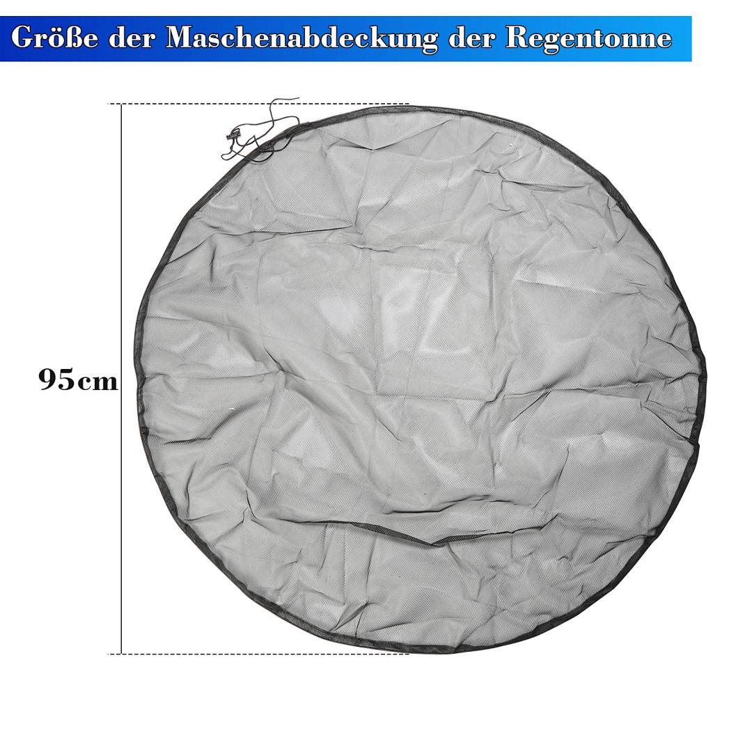 Größe der Maschenabdeckung der Regentonne' Text über einer grauen, kreisförmigen Maschenabdeckung mit einem Durchmesser von 95 cm, gezeigt vor weißem Hintergrund.