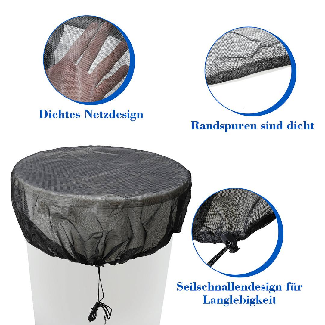 Eine runde schwarze Netzabdeckung mit Zugschnüren sichert sich über einem kreisförmigen Objekt und unterstreicht robustes Design und Langlebigkeit. Der deutsche Text hebt das dichte Netz, die sichere Kantenversiegelung und das langlebige Schnurdesign hervor.