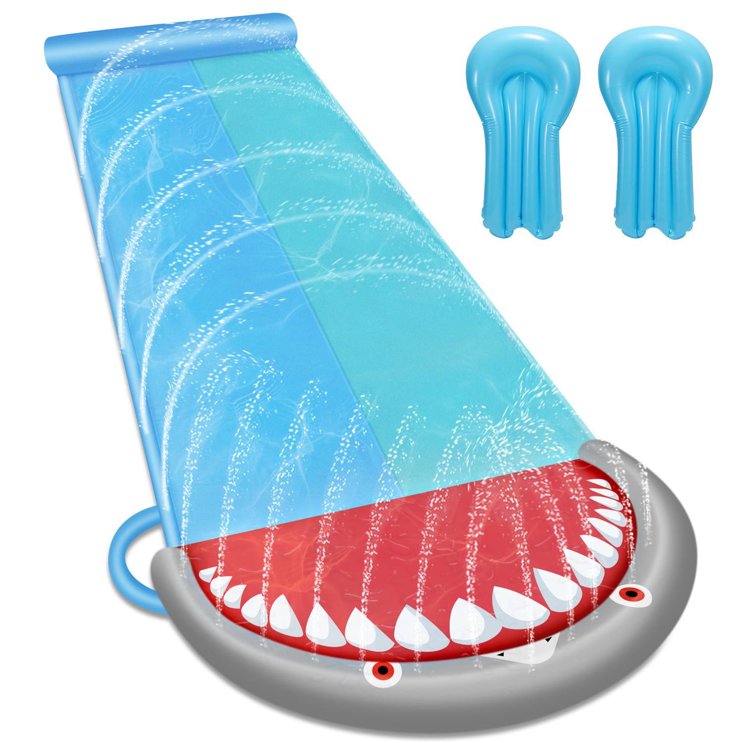 Aufblasbarer Wasserrutsche in Form eines Hai-Mauls mit Wassersprinklern, plus zwei aufblasbare Ringe zum Wasserspielen für Kinder.