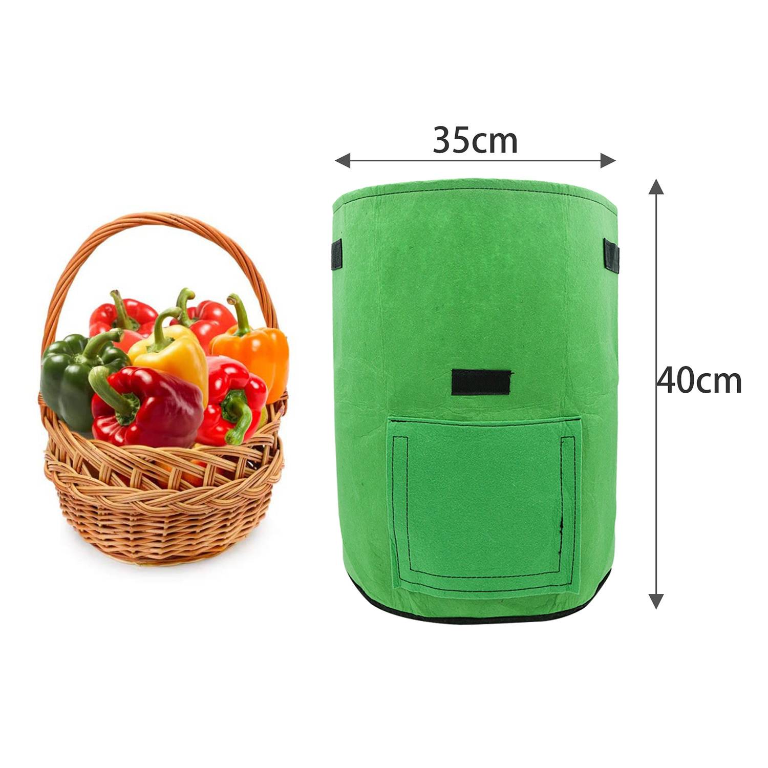 Ein grüner Stoffkorb mit den Maßen 35 cm breit mal 40 cm hoch neben einem Weidenkorb gefüllt mit bunten Paprika.