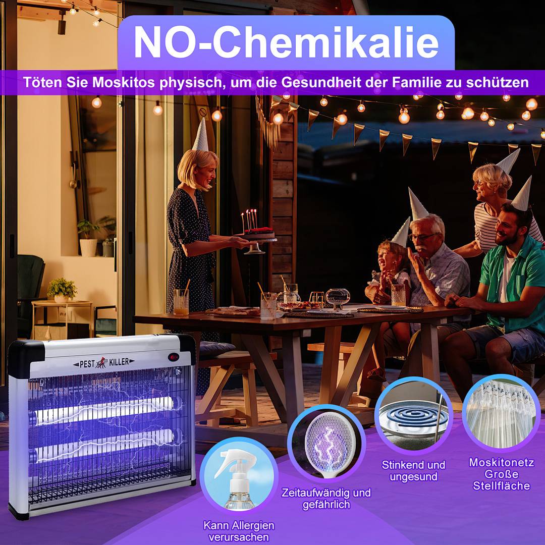 Eine Frau serviert das Abendessen auf einer Terrasse, während ein nahes elektronisches Gerät UV-Licht abgibt, um Mücken abzuwehren, gekennzeichnet mit „KEINE Chemikalie