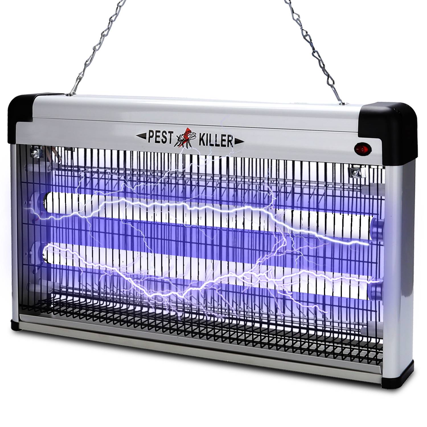 Elektrischer Insektenkiller hängend von der Decke, mit leuchtenden violetten UV-Leuchtstoffröhren und Metallgitter. Das Schild liest „Schädlingsbekämpfer