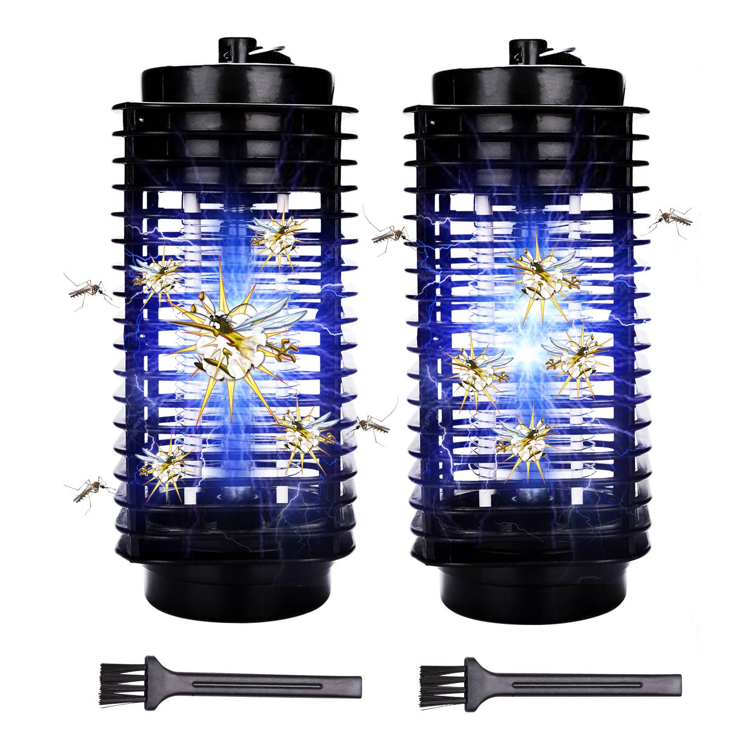 Zwei schwarze elektrische Insektenfallen, jeweils mit blauem Glühlicht, umgeben von fliegenden Insekten. Eine kleine Reinigungsbürste ist darunter platziert.
