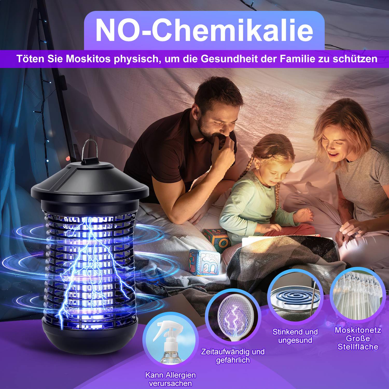 Eine Familie sitzt zusammen in einem Zelt, mit einem großen Insektenvernichter im Vordergrund. Der Text hebt die Mückentötungs-Funktion des Produkts hervor.