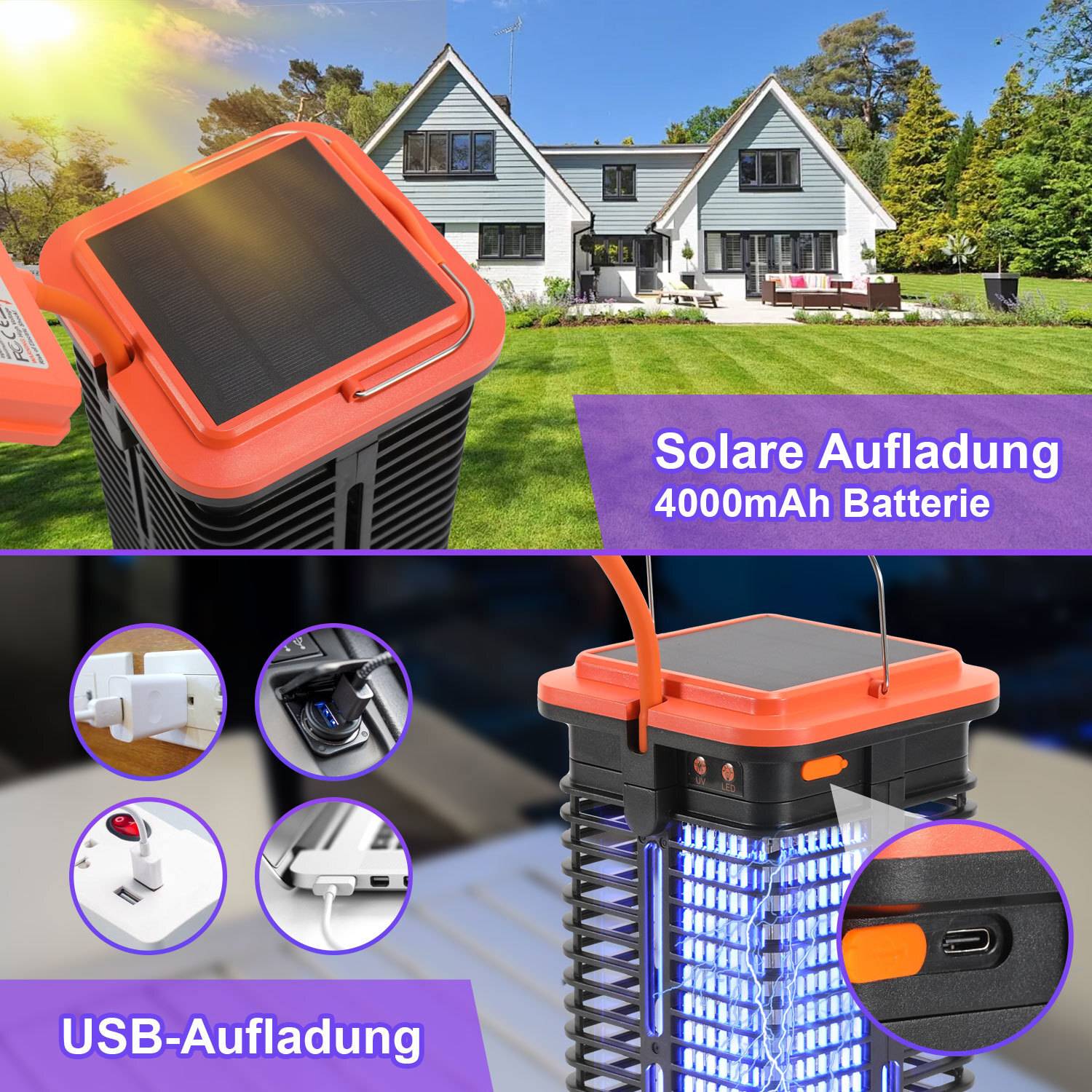 Ein solarbetriebener Insektentöter in einem Garten mit Text „Solare Aufladung 4000mAh Batterie
