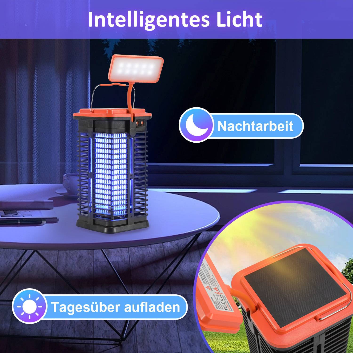 Eine Mückenfalle-Lampe sitzt auf einem Outdoor-Tisch. Der Text oben sagt „Intelligentes Licht.