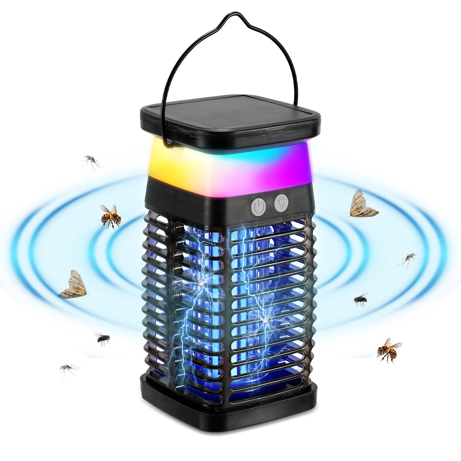 Eine elektrische Insektenfalle mit leuchtender Lampe zieht fliegende Insekten, einschließlich Motten und Mücken, an und fängt sie mit einem summenden Geräusch.