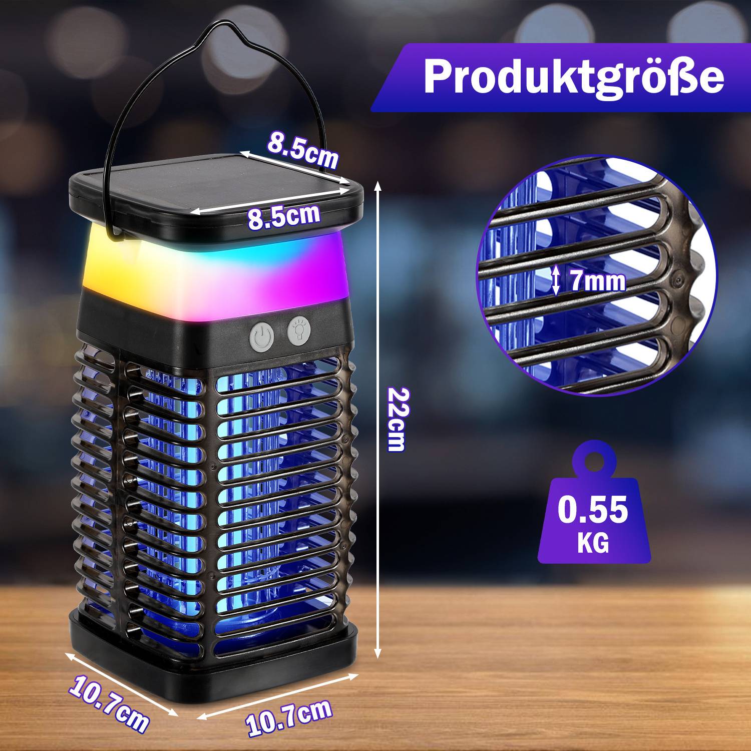 Ein rechteckiger Insektenfänger, 22 cm hoch und 10,7 cm breit, mit einem Gewicht von 0,55 kg, mit Griff und RGB-Beleuchtung, dargestellt in einem Produktgrößenvergleich.