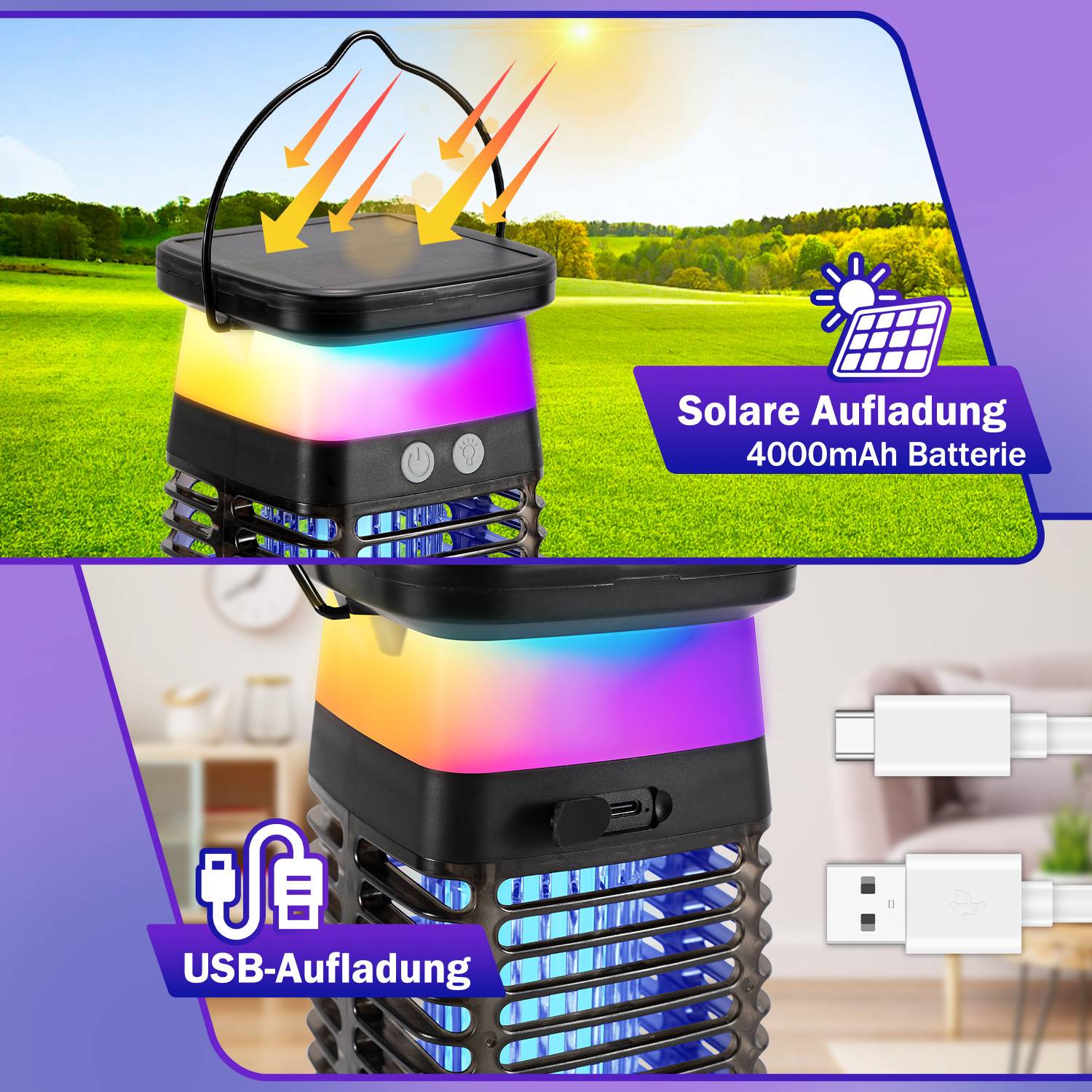 „Solarbetriebene Laterne mit 4000mAh-Akku auf Gras. Nahaufnahme des Lichts im Haus mit USB-Ladefunktion.