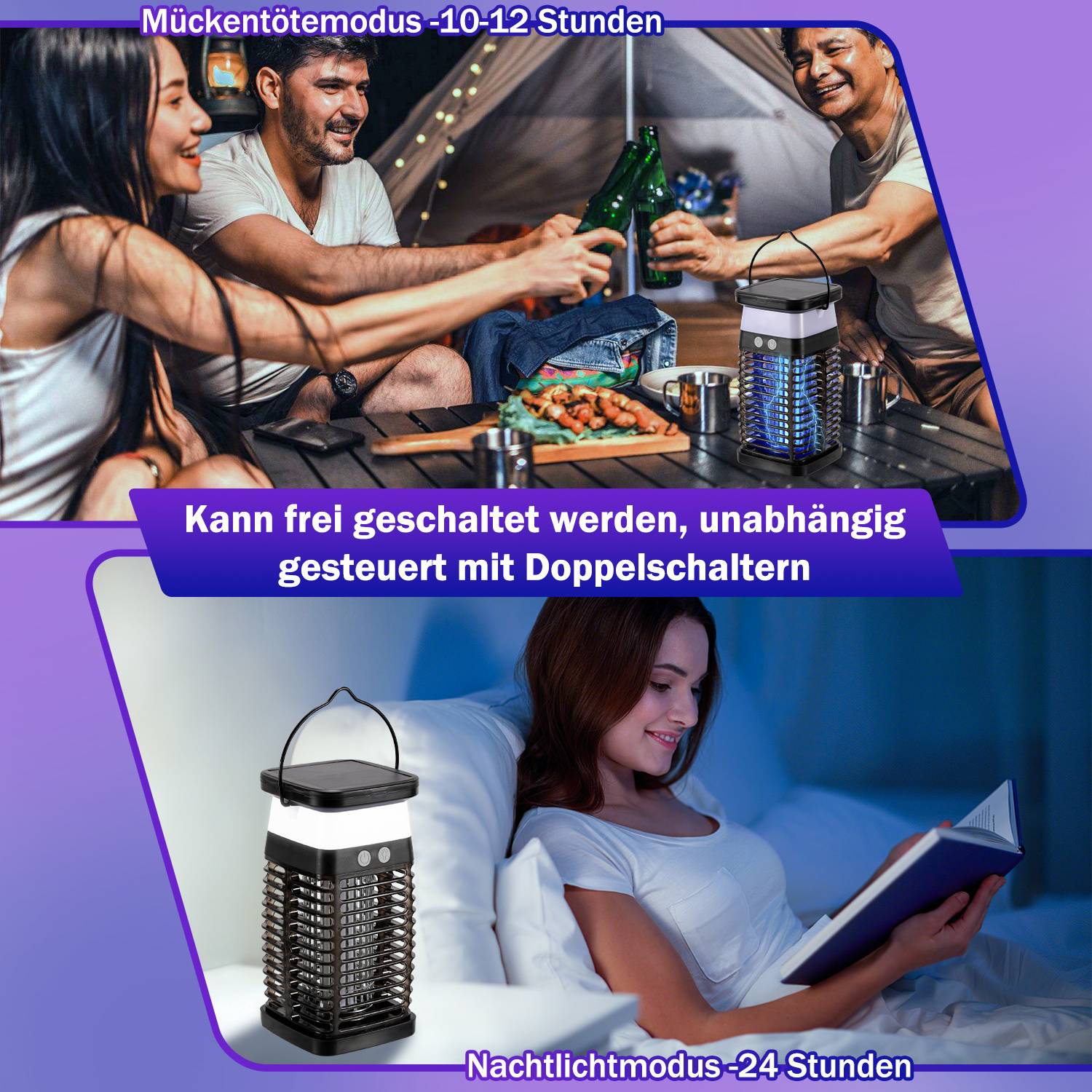 Eine Frau liest auf einem Sofa neben einer Mückenfalle. Der Text hebt „Mückenmodus - 10-12 Stunden