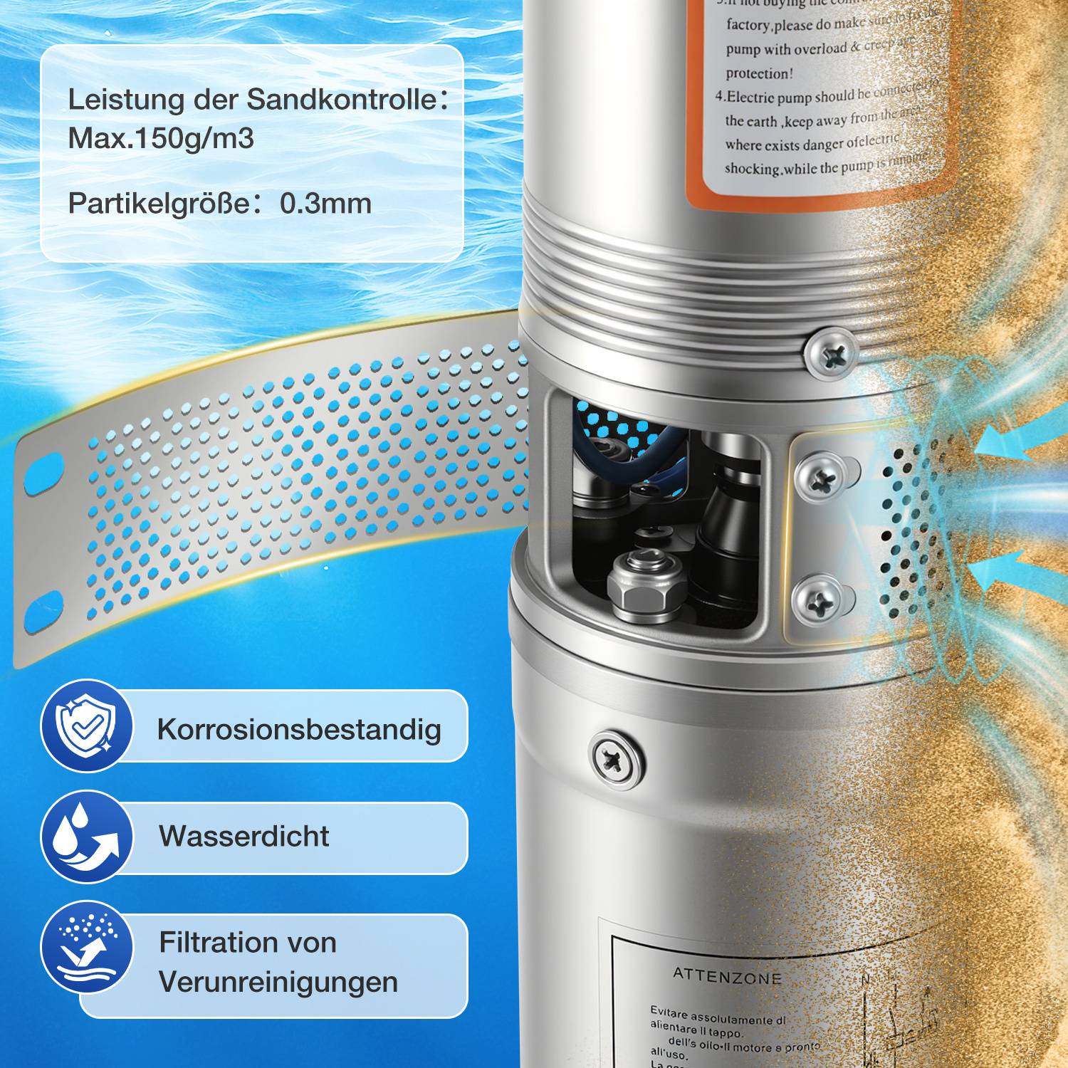 Ein Wasserfiltrationssystem mit Funktionen: 'Korrosionsbeständig', 'Filtration', 'Wasserschutz' und 'Leistung der Sandkontrolle: Max 150g/m3, Partikelgröße: 0,3mm'.