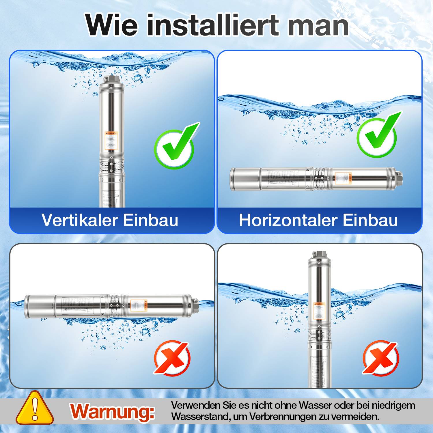 Wie installiert man': Diagramm zeigt korrekte und unkorrekte Installationsweisen eines zylindrischen Objekts vertikal versus horizontal. Text warnt davor, es in flachem Wasser zu verwenden, um Verbrennungen zu vermeiden.