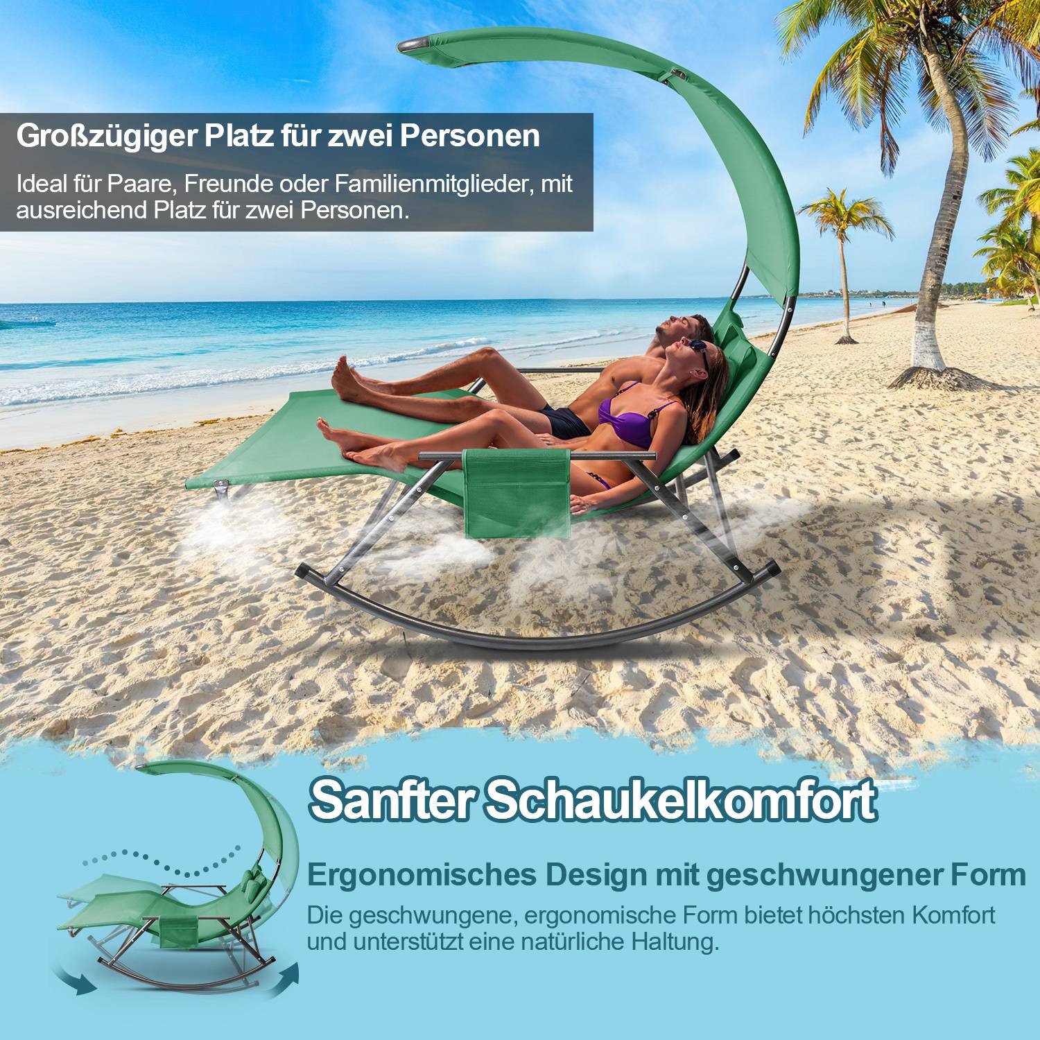 Zwei Personen entspannen sich auf einem grünen Schaukelstuhl an einem tropischen Strand. Der Text hebt den Komfort und die Designmerkmale zum Teilen hervor.