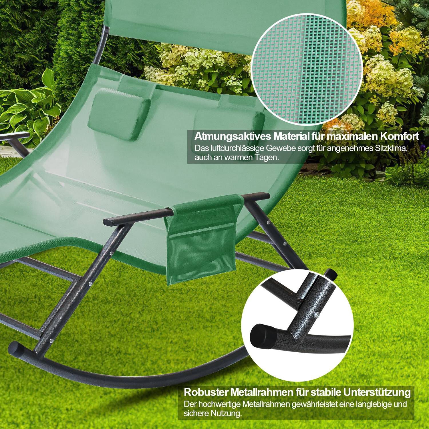 Ein grüner Outdoor-Schaukelstuhl mit atmungsaktivem Stoff und stabilem Metallrahmen wird gezeigt. Der Text hebt Komfort- und Haltbarkeitseigenschaften hervor.