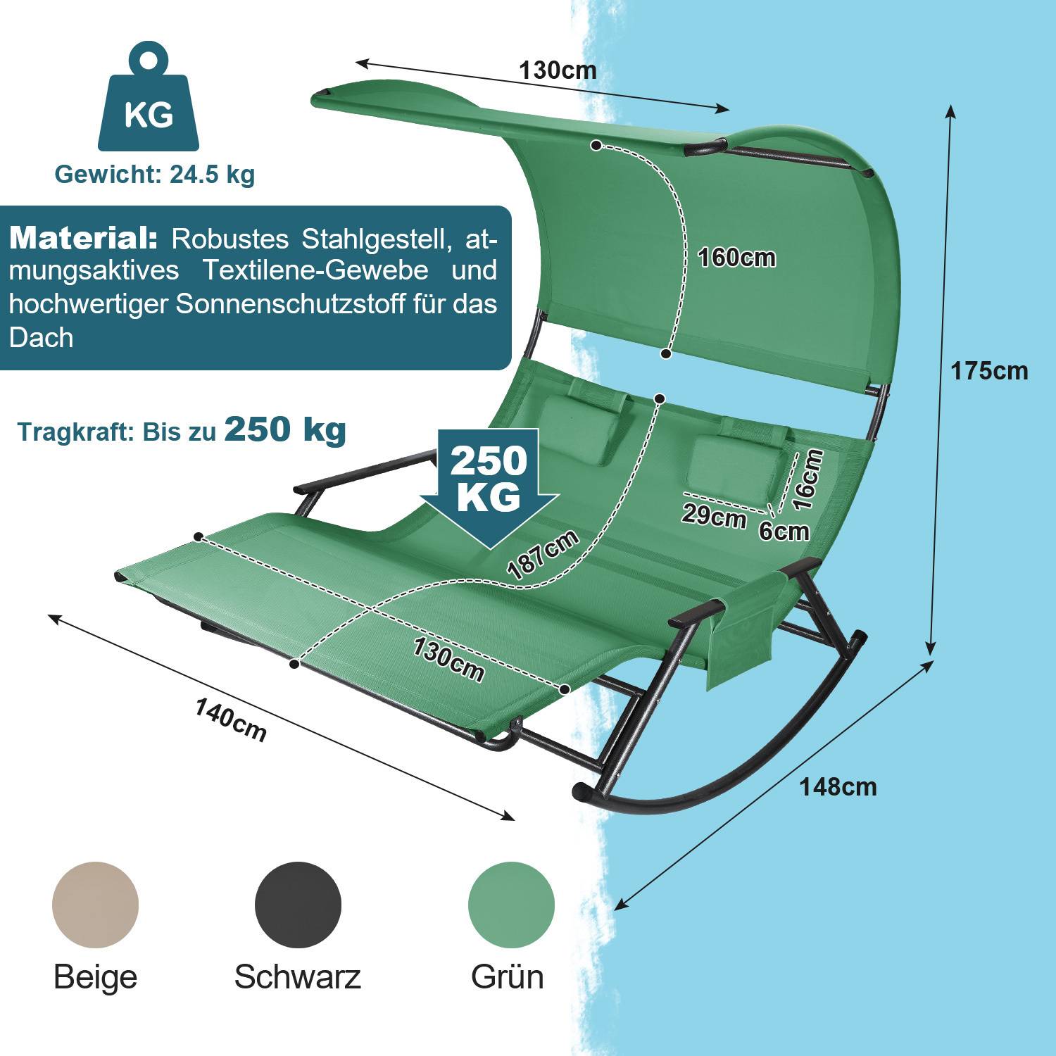 Grüne Schaukel-Chaiselongue mit Baldachin, Tragfähigkeit gekennzeichnet mit „250 KG