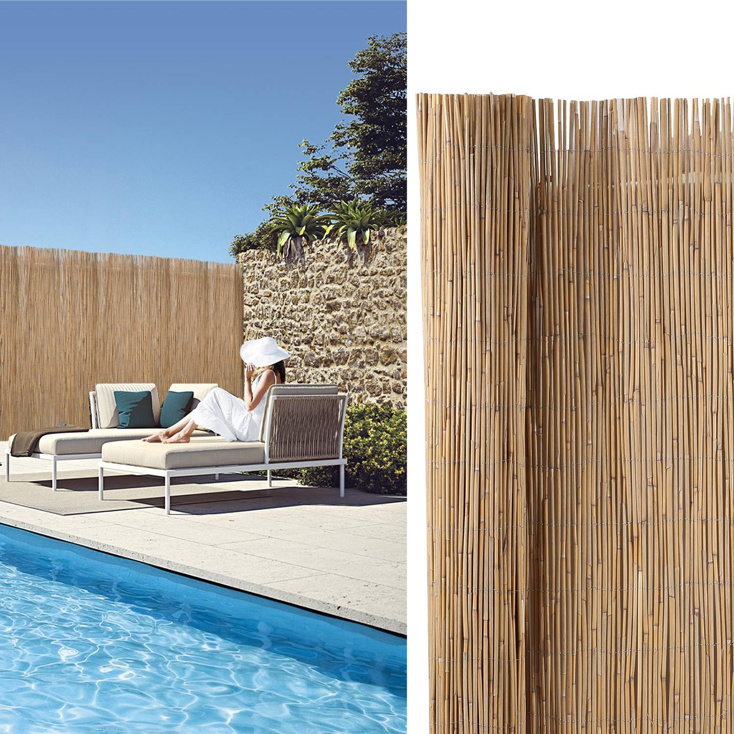 Eine Frau in Weiß entspannt sich auf einem Liegestuhl am Poolrand, beschattet durch einen Bambusschirm mit einer Steinmauer und klarem blauen Himmel im Hintergrund.