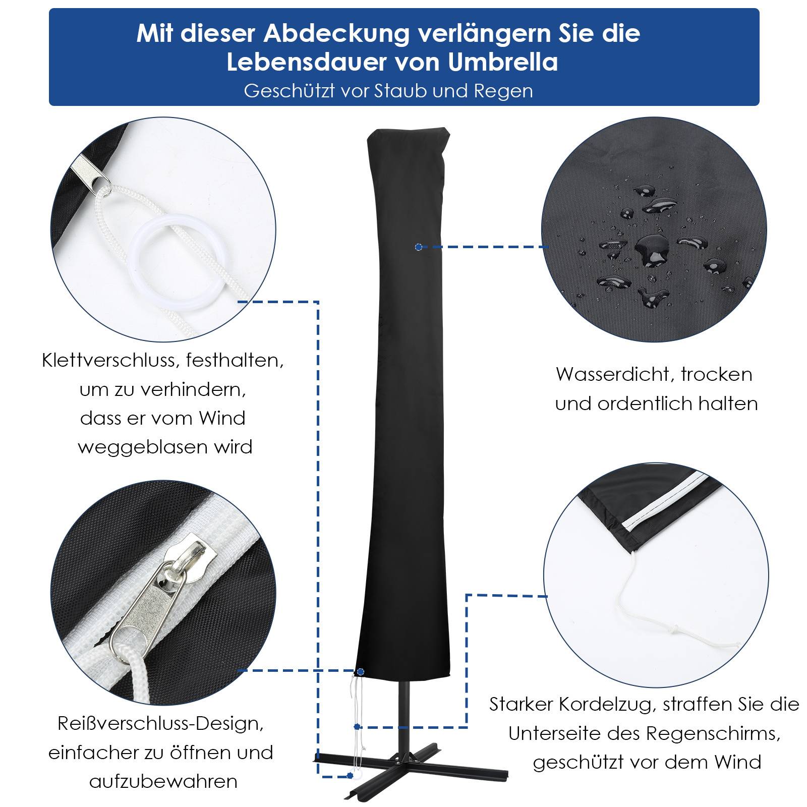 Eine schwarze Regenschirm-Schutzhülle mit Klettverschluss, Reißverschluss-Design, wasserdichtem Stoff und starkem Zugband zum Schutz vor Staub und Regen.