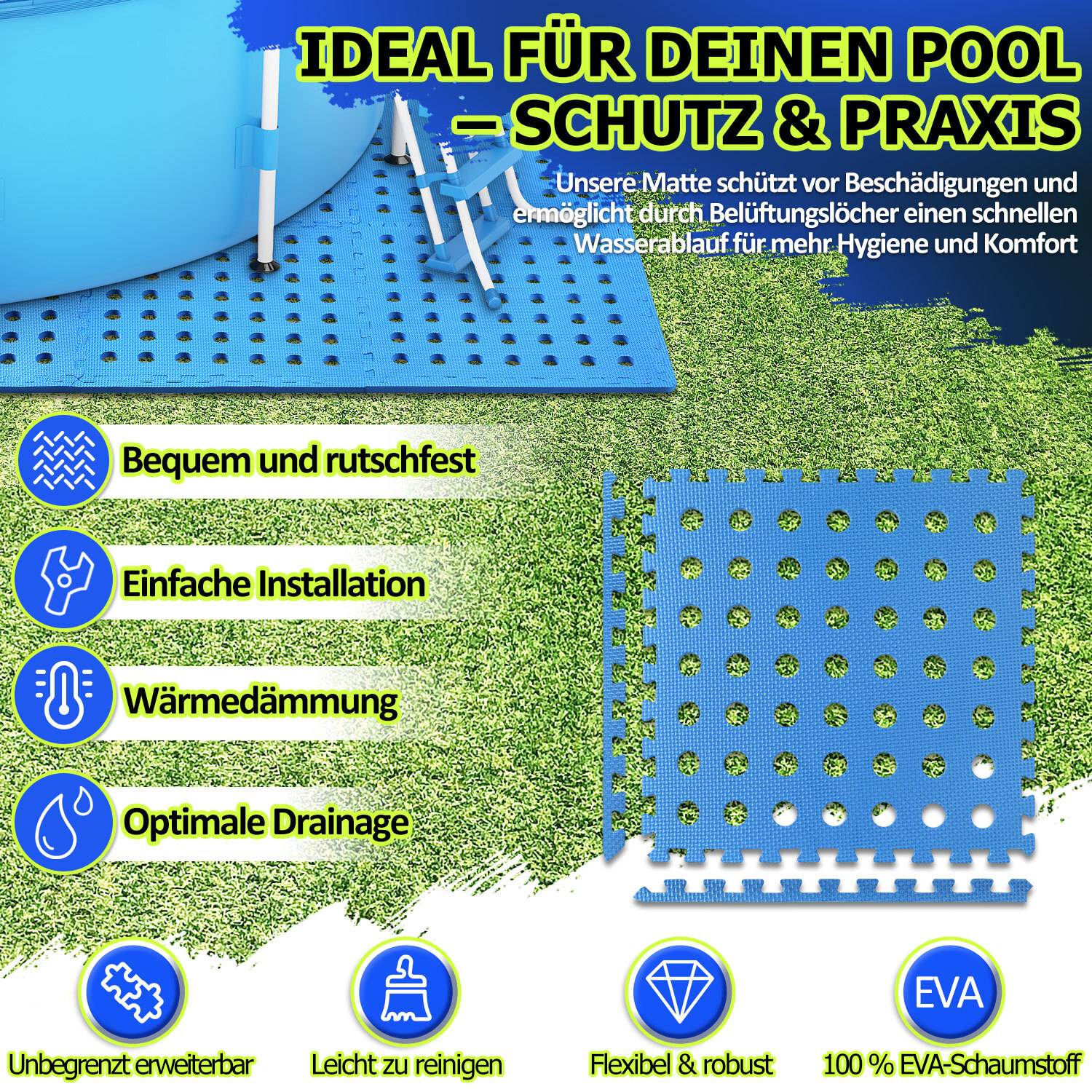 Blauer Pool auf Schutzmatte mit deutschem Text, der folgende Merkmale hervorhebt: Komfort, einfache Installation, Wärmeisolierung, optimale Drainage, Witterungsbeständigkeit, einfache Reinigung, Flexibilität und EVA-Schaumstoffzusammensetzung.