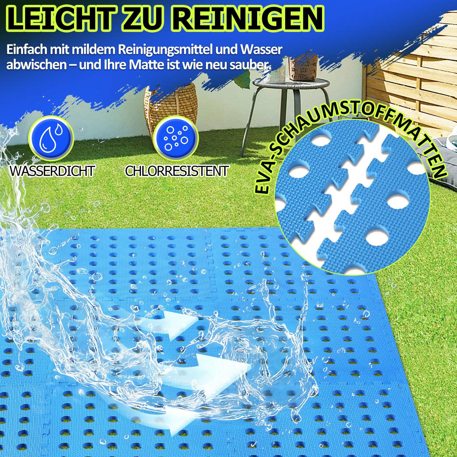 Blaue EVA-Schaumstoffmatte mit weißen verschließbaren Teilen, in einer gartenähnlichen Umgebung angeordnet. Texthervorhebungen: 'Leicht zu reinigen', 'Wasserdicht', 'Chlorresistent'.