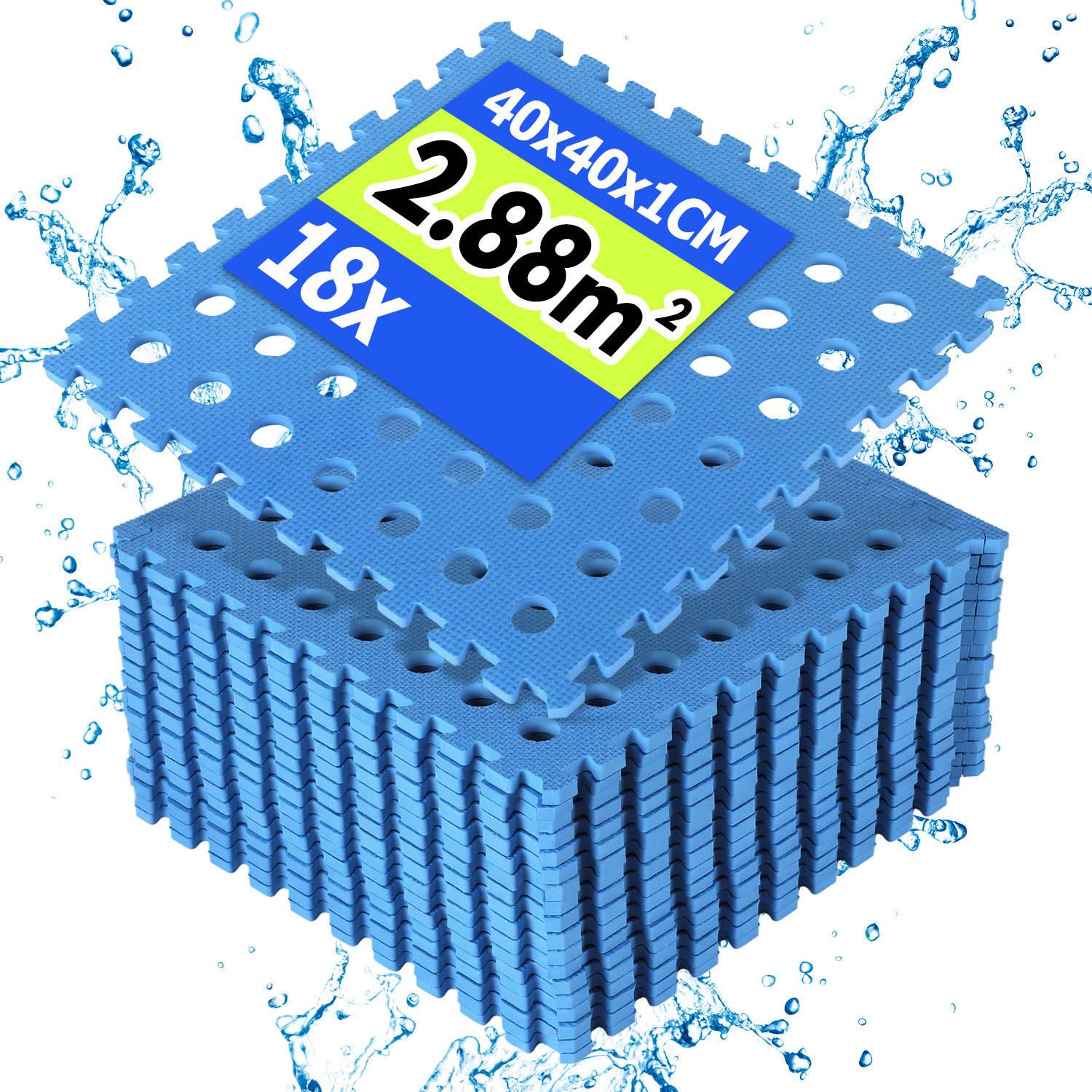 Blaue ineinandergreifende Schaumstoffmatten, gekennzeichnet mit „40x40x1CM, 2,88m², 18x