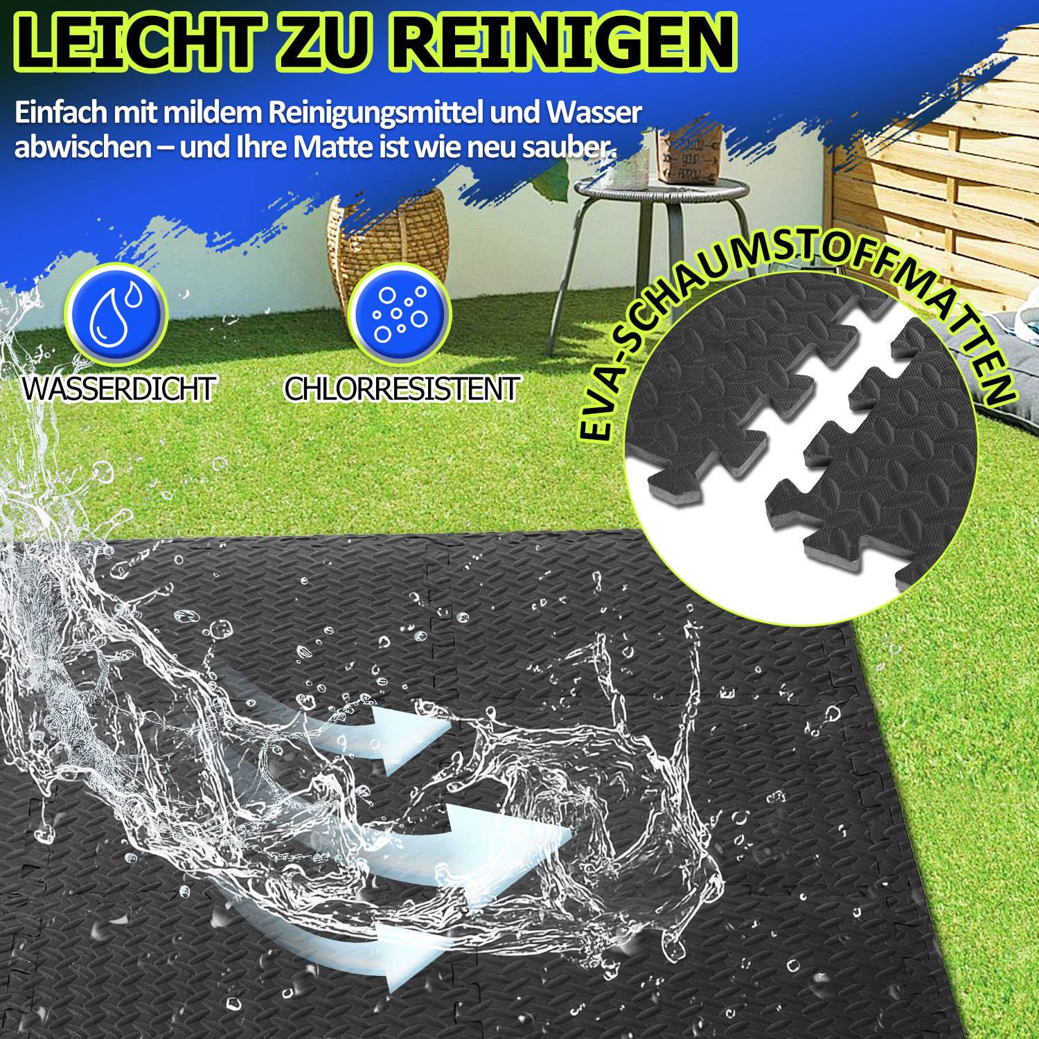 Eine graue EVA-Schaumstoffmatte mit verzahnten Kanten, dargestellt mit Wasserspritzen, das die Merkmale bewirbt: „wasserdicht