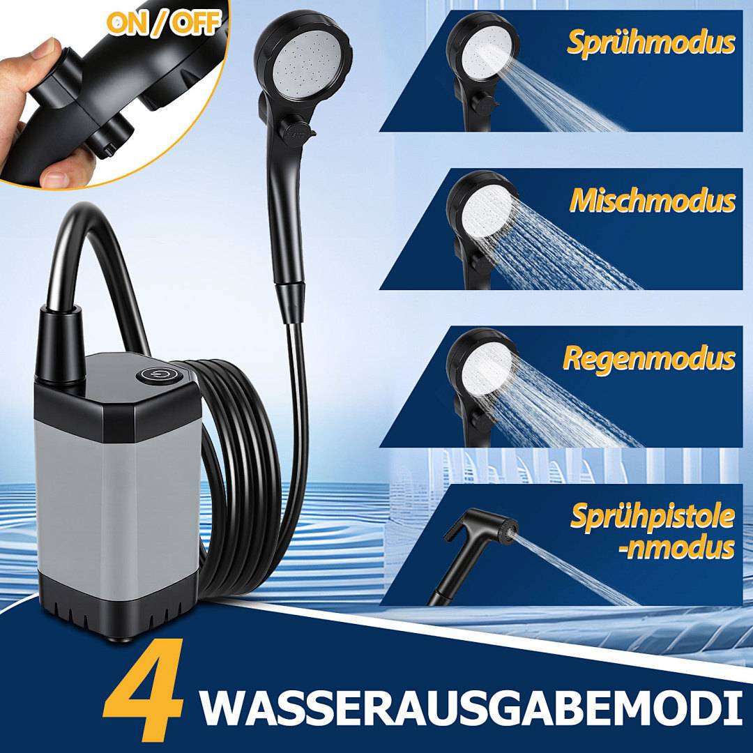Ein tragbares Duschs­ystem mit vier Wasser­modi: Spray, Mischung, Regen und Strahl. Hervor­gehobene Bilder zeigen jeden Modus mit Text­beschriftungen.