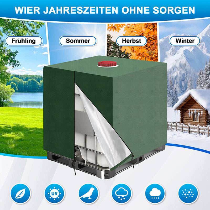 Eine grüne Außenabdeckung steht vor saisonalen Hintergründen mit den Bezeichnungen Frühling, Sommer, Herbst, Winter und veranschaulicht den ganzjährigen Schutz.