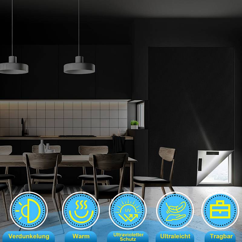 Ein modernes Esszimmer mit einem Holztisch und Stühlen unter Pendelleuchten. Symbole darunter zeigen Funktionen: dimmbare Beleuchtung, Wärmeerzeugung, UV-Schutz, ultraleicht, tragbar.