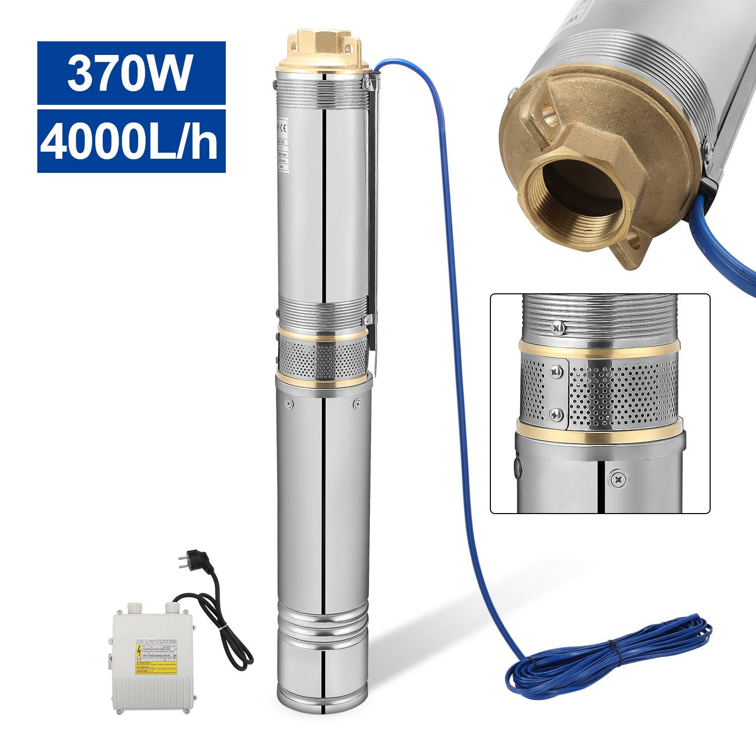 Tauchpumpe mit 370W Leistung, 4000L/h Förderleistung. Inklusive Schaltkasten. Die Nahaufnahme zeigt Filterdetails und Anschlussöffnung.