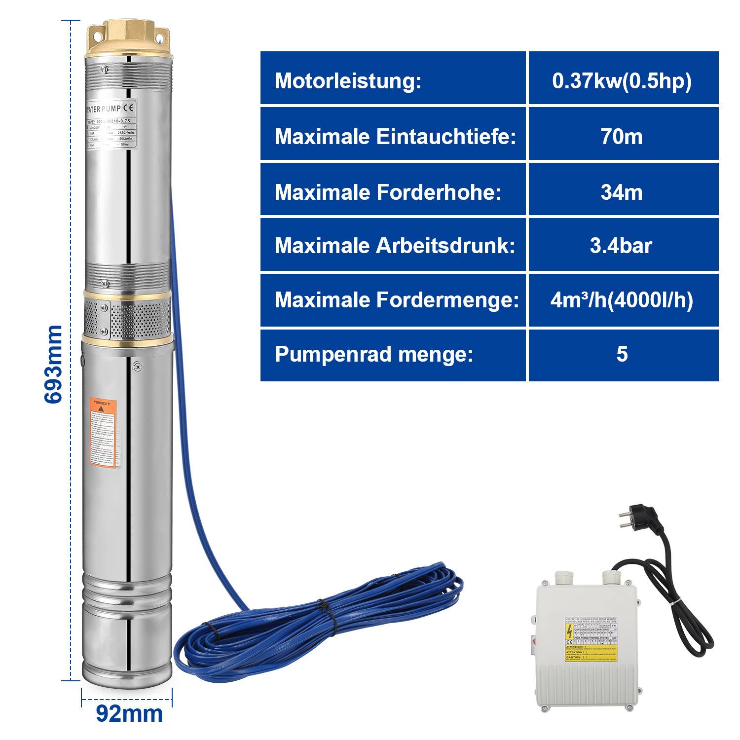 Tauchpumpenbild mit Spezifikationen: Motorleistung 0,37 kW, maximale Tiefe 70 m, Durchsatzrate 4 m³/h, Druck 3,4 bar. Abmessungen: 693 mm x 92 mm.