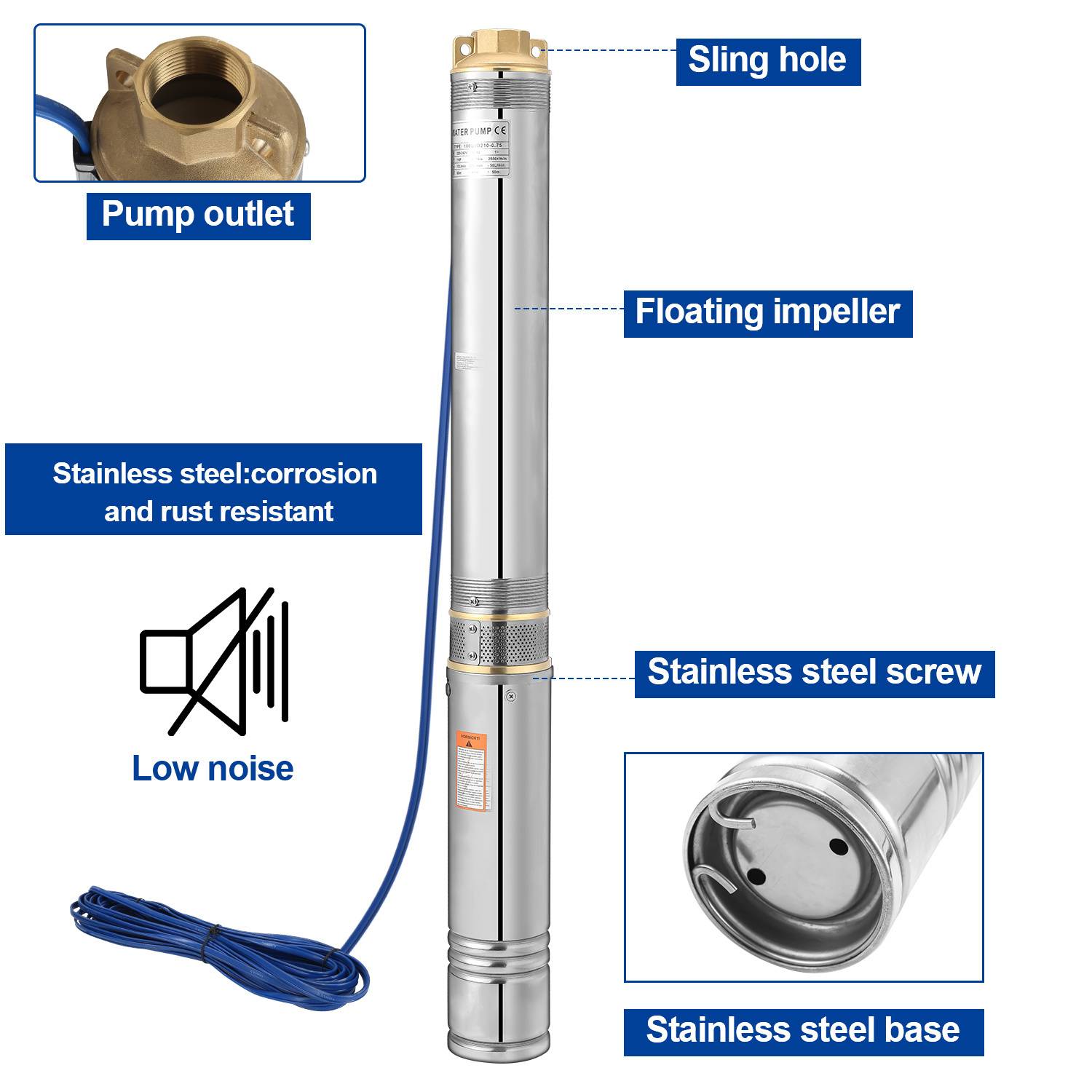 Silberne versenkbare Wasserpumpe mit abnehmbaren Komponenten: Schlaufenloch, Pumpenauslass, schwimmender Laufrad, Edelstahlschraube, Basis. Geräuscharm, korrosionsbeständig.