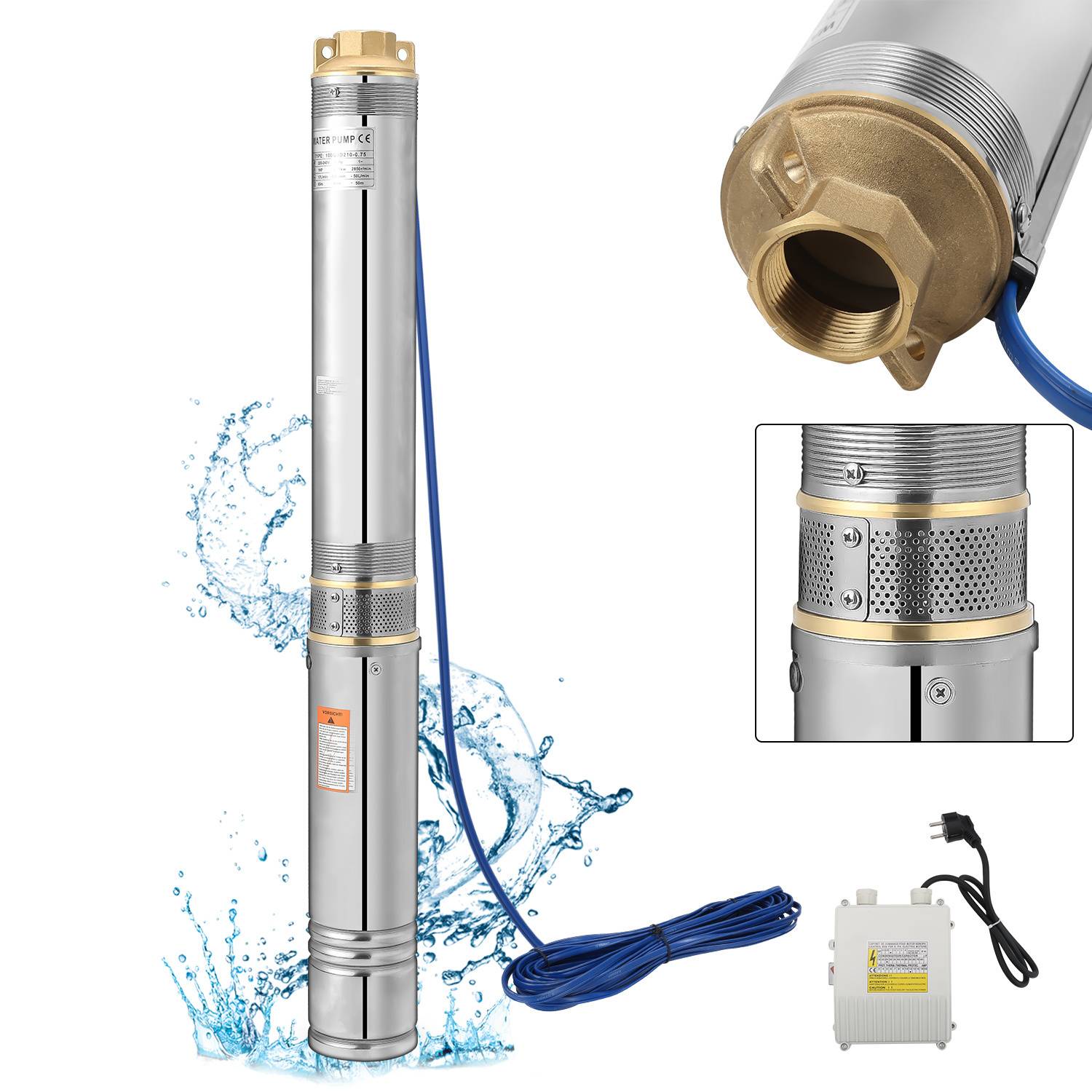 Eine silberne Tauchpumpe mit blauem Stromkabel und Bedienungsschalter, entwickelt für tiefe Brunnen, umgeben von blauen Wasserspritzereffekten.