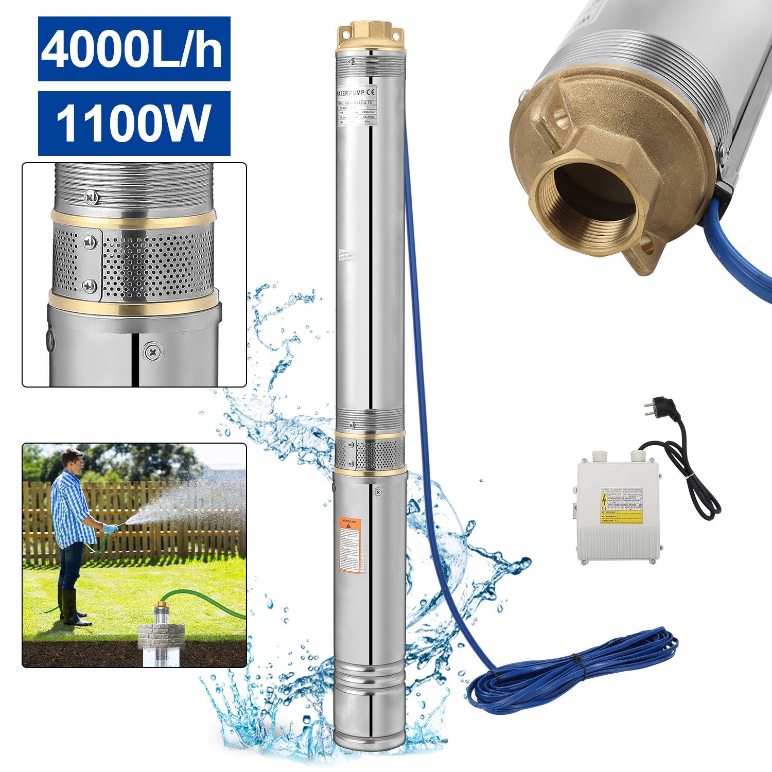 Tauchpumpe mit einer Durchflussmenge von 4000L/h, Leistung von 1100W und blauem Kabel. Inklusive Steuerbox. Mann beim Bewässern des Rasens abgebildet.