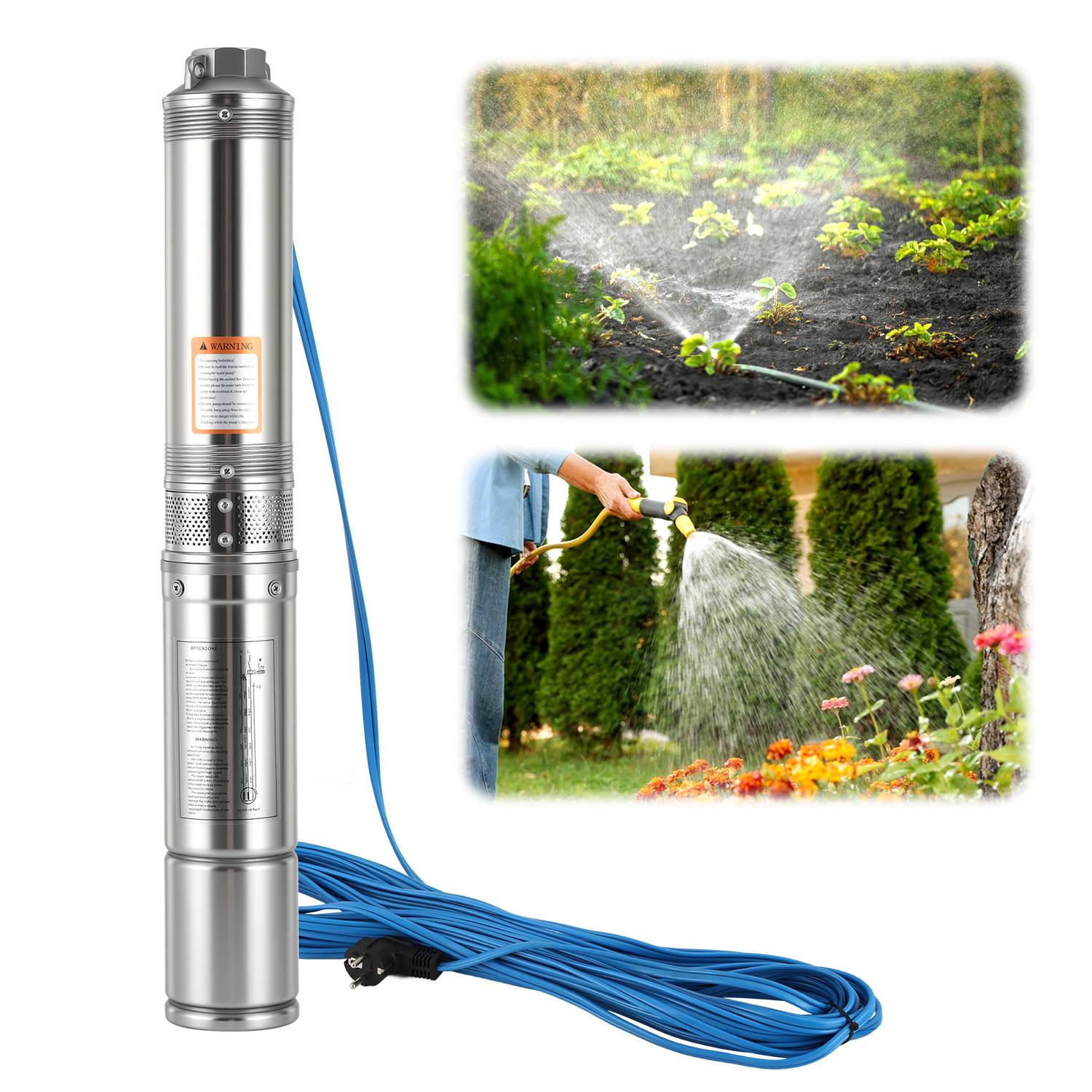 Tauchpumpe mit blauem Kabel, abgebildet neben Bildern von Gartenbewässerung; Bewässerung von Gemüsepflanzen und Blumen.