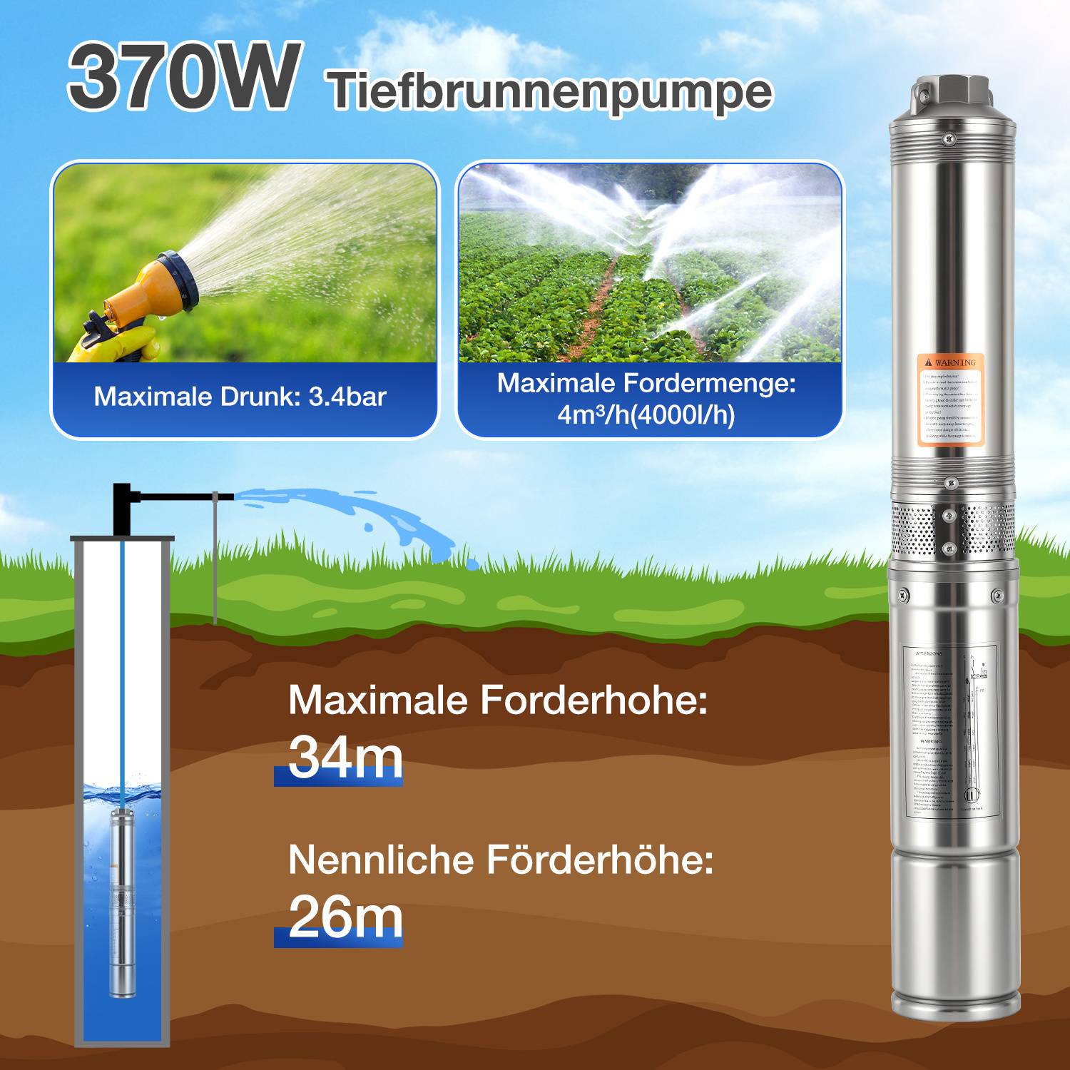 370W Tiefbrunnenpumpe mit Visualisierung: Max. Tiefe 34m, max. Förderleistung 4000 l/h. Das Bild zeigt eine Pumpe im Boden mit einem Bewässerungssystem.