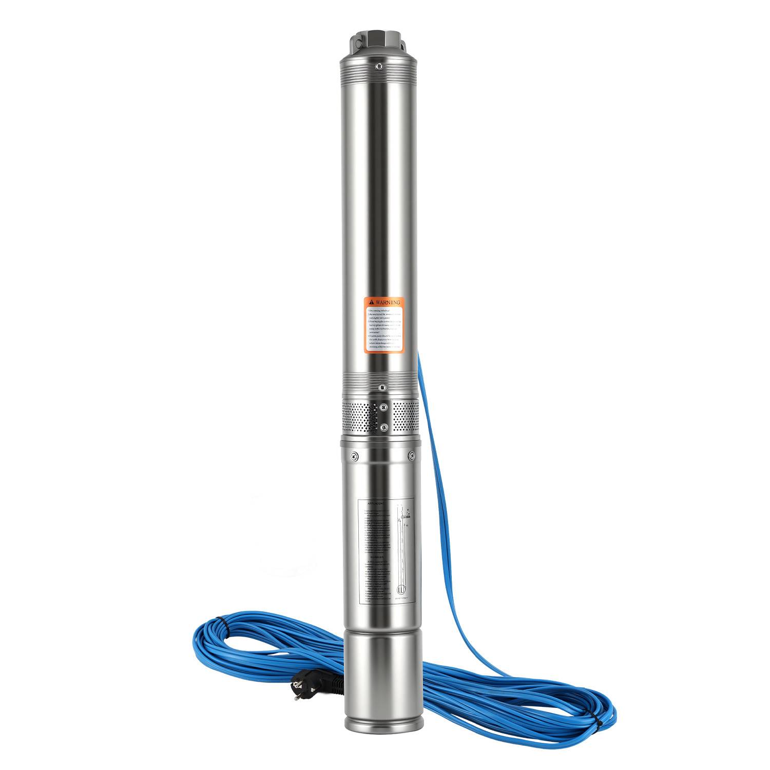Eine Tauchpumpe aus Edelstahl mit blauer elektrischer Verkabelung, konzipiert für die vertikale Installation in tiefen Brunnen oder Bohrungen.