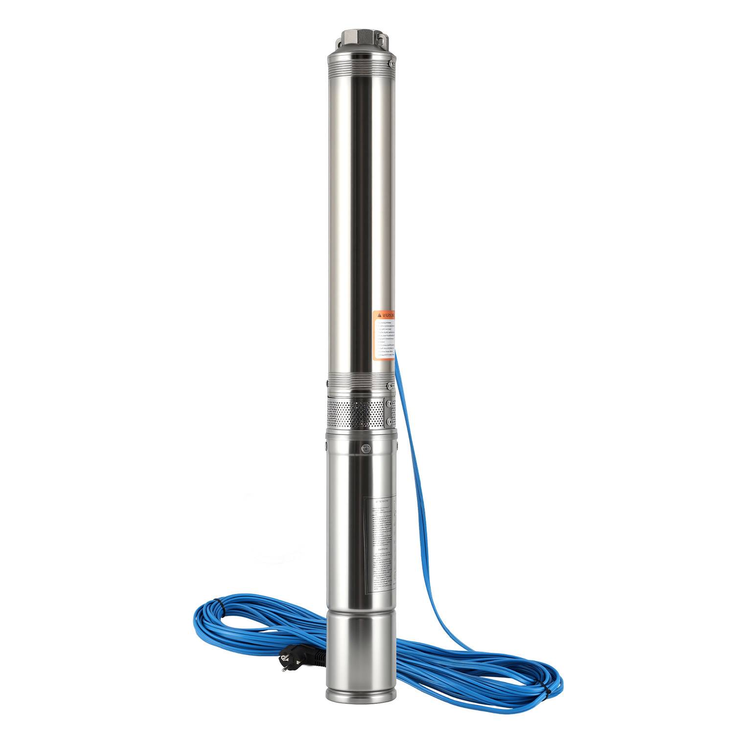 Eine silberne Tauchpumpe mit einem blauen Stromkabel, entwickelt zur Wasserforderung aus Tiefbrunnen, vor einem weißen Hintergrund dargestellt.