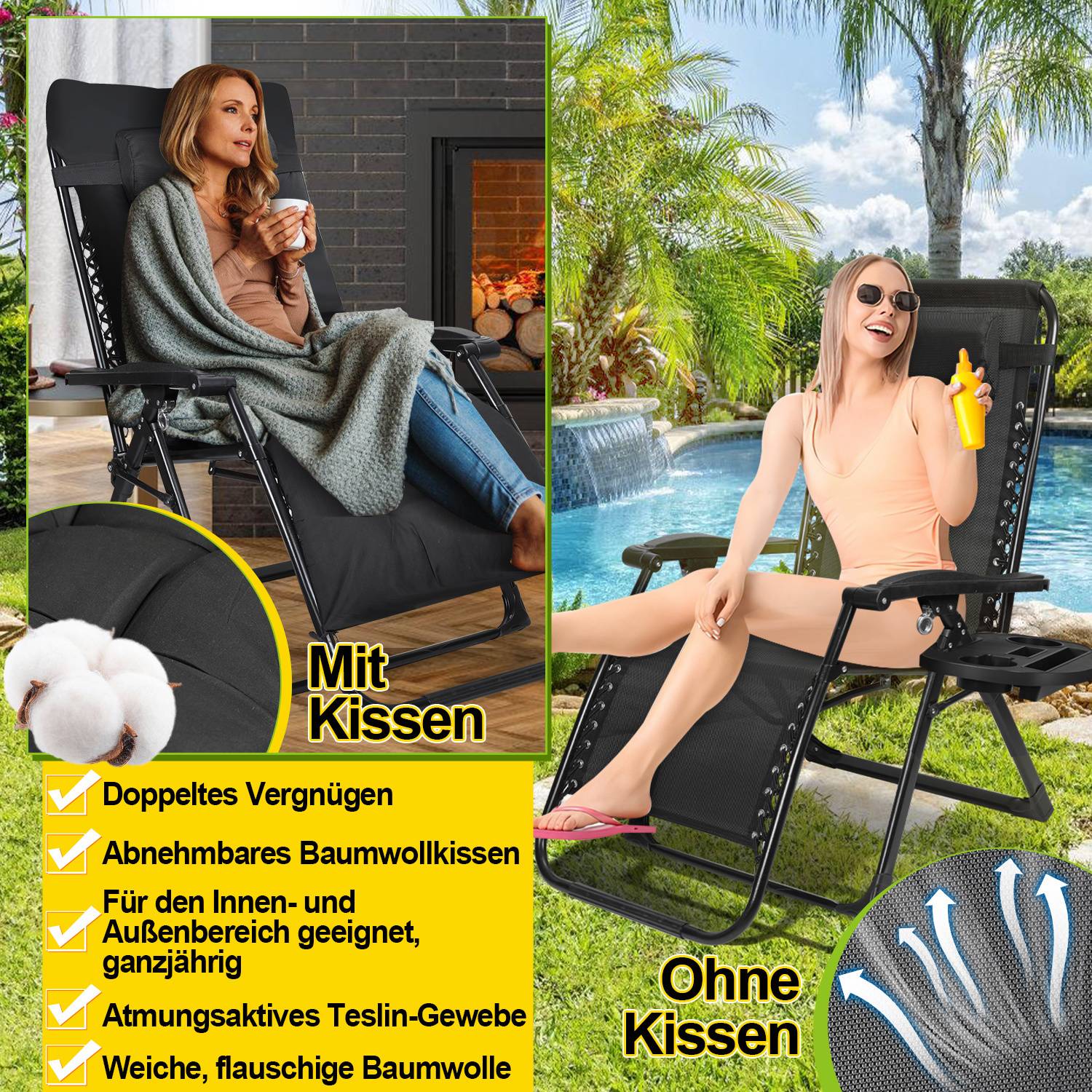 Eine Frau sitzt bequem in einem Liegestuhl mit Kissen im Inneren, während eine andere Frau auf einem ähnlichen Stuhl ohne Kissen am Pool entspannt.