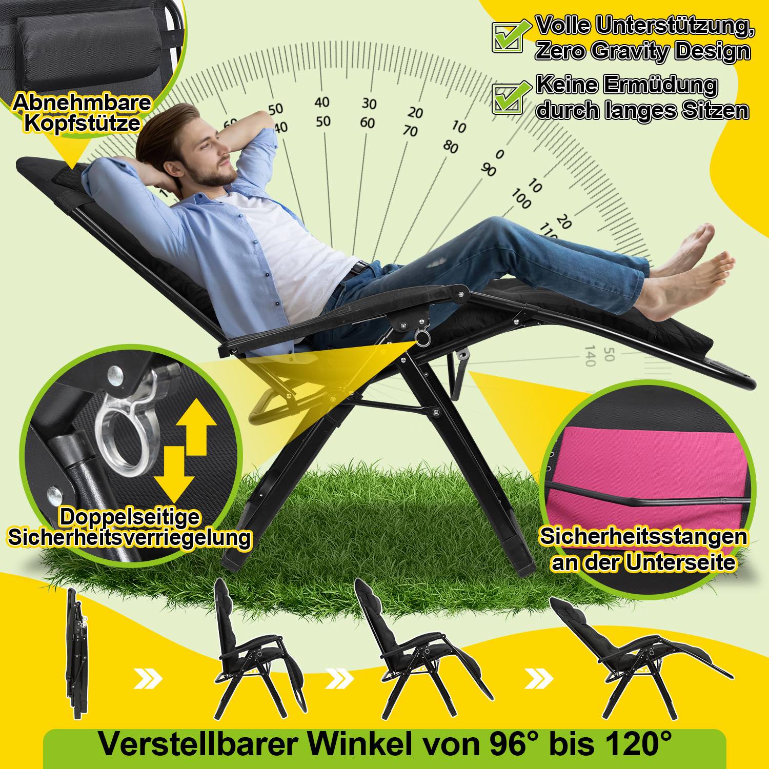 Eine Person entspannt sich auf einem Liegestuhl auf einer grasbewachsenen Wiese. Zu den Merkmalen gehören verstellbarer Winkel, Kopfstütze, beidseitige Verriegelung und Stützstangen.