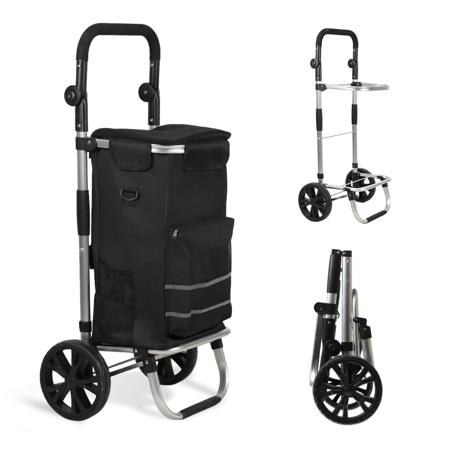 Ein zusammenklappbarer schwarzer Einkaufswagen mit großen Rädern, dargestellt in drei Ansichten: zusammengebaut, mit ausgefahrener Tischfunktion und zusammengeklappt zur Lagerung.