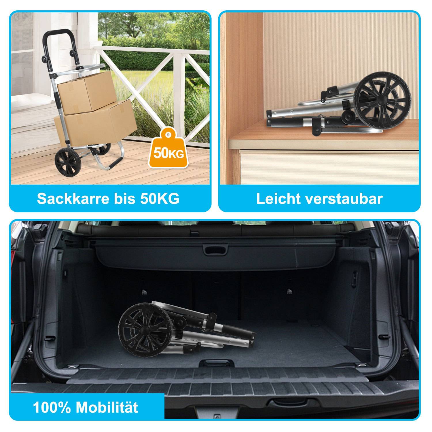 Zusammenlegbarer Handwagen zeigt den Transport von Kartons, lässt sich zum Lagern zusammenfalten, passt in den Kofferraum. Text lautet: „Sackkarre bis 50KG