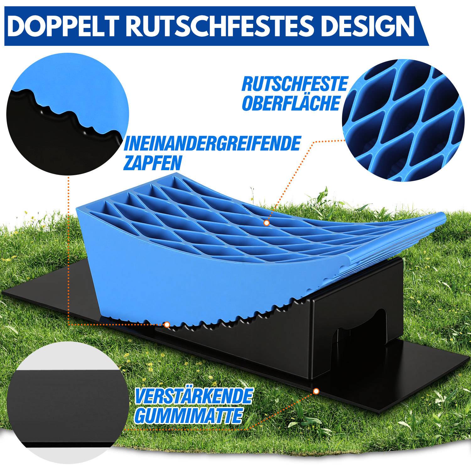 Design mit doppelt rutschfester Oberfläche' zeigt ineinandergreifende Zapfen und verstärkende Gummimatte für Stabilität.