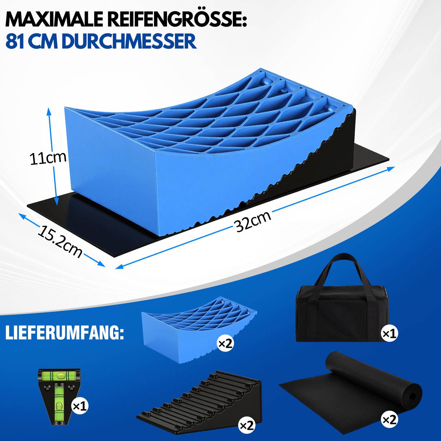 Blaues Auto-Rampen-System auf schwarzen Plattformen mit Abmessungen: 32cm Länge, 15,2cm Breite, 11cm Höhe. Enthält Tasche, 2 Rampen, 2 Matten.