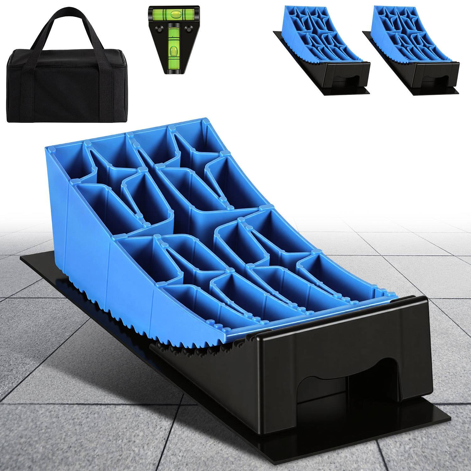 Blau-schwarzes Kunststoff-Nivellier-Werkzeugsatz mit Tragetasche und Wasserwaage. Geeignet zum Stabilisieren und Nivellieren verschiedener Oberflächen.